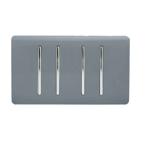 4 Gang Twin 2 Way Light Switch in warm grey with four vertical chrome rocker inserts on a screwless plate, shown on a plain white background.