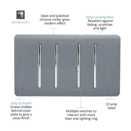 4 Gang Twin 2 Way Light Switch in warm grey with four chrome rocker switches on a screwless plate, shown with feature callouts on a white background.