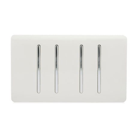 4 Gang Twin 2 Way Light Switch in Ice White, screwless plate with four vertical chrome-edged rockers, shown on a plain white background.