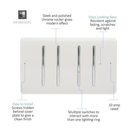 4 Gang Twin 2 Way Light Switch in Ice White, screwless plate with chrome rocker surrounds, 10A rated, on a plain white background.