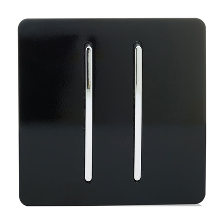 2 Gang 2 Way Light Switch in gloss Piano Black, screwless square plate with two vertical chrome rockers, shown on a plain white background.