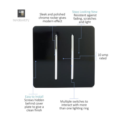 2 Gang 2 Way Light Switch in Piano Black with polished chrome rockers, screwless square plate, 10 amp rated, annotated diagram on white background.