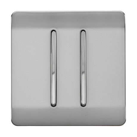 2 Gang 2 Way Light Switch in brushed steel with a screwless flat plate and two vertical chrome rocker switches, shown on a plain white background.