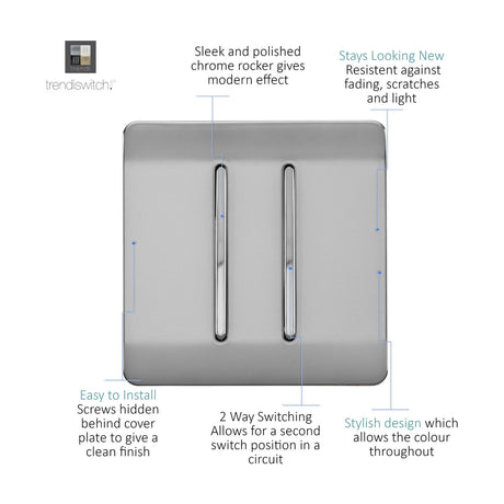 2 Gang 2 Way Light Switch in brushed steel with a screwless flat plate and two chrome rockers side by side, shown with feature callouts on a white background.