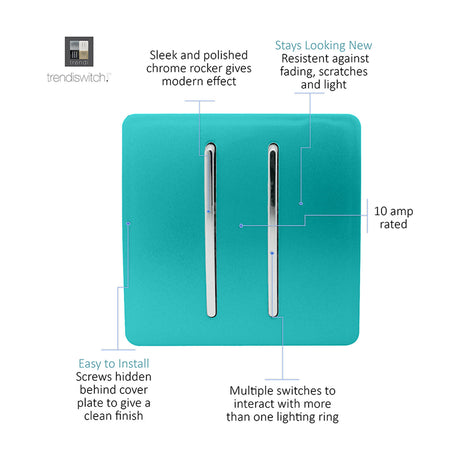 2 Gang 2 Way Light Switch in bright teal with polished chrome rockers, screwless square plate, 10 amp rated, shown on white background with feature callouts.