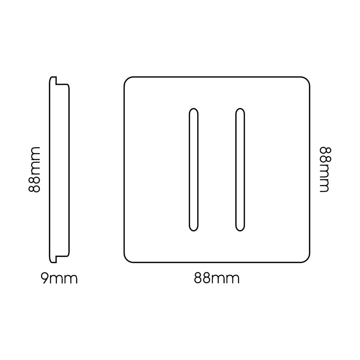 Front and side view of a 2 Gang 2 Way Light Switch in carbon fibre finish with two vertical chrome rockers, screwless square plate, 88mm x 88mm x 9mm, shown on a white background.