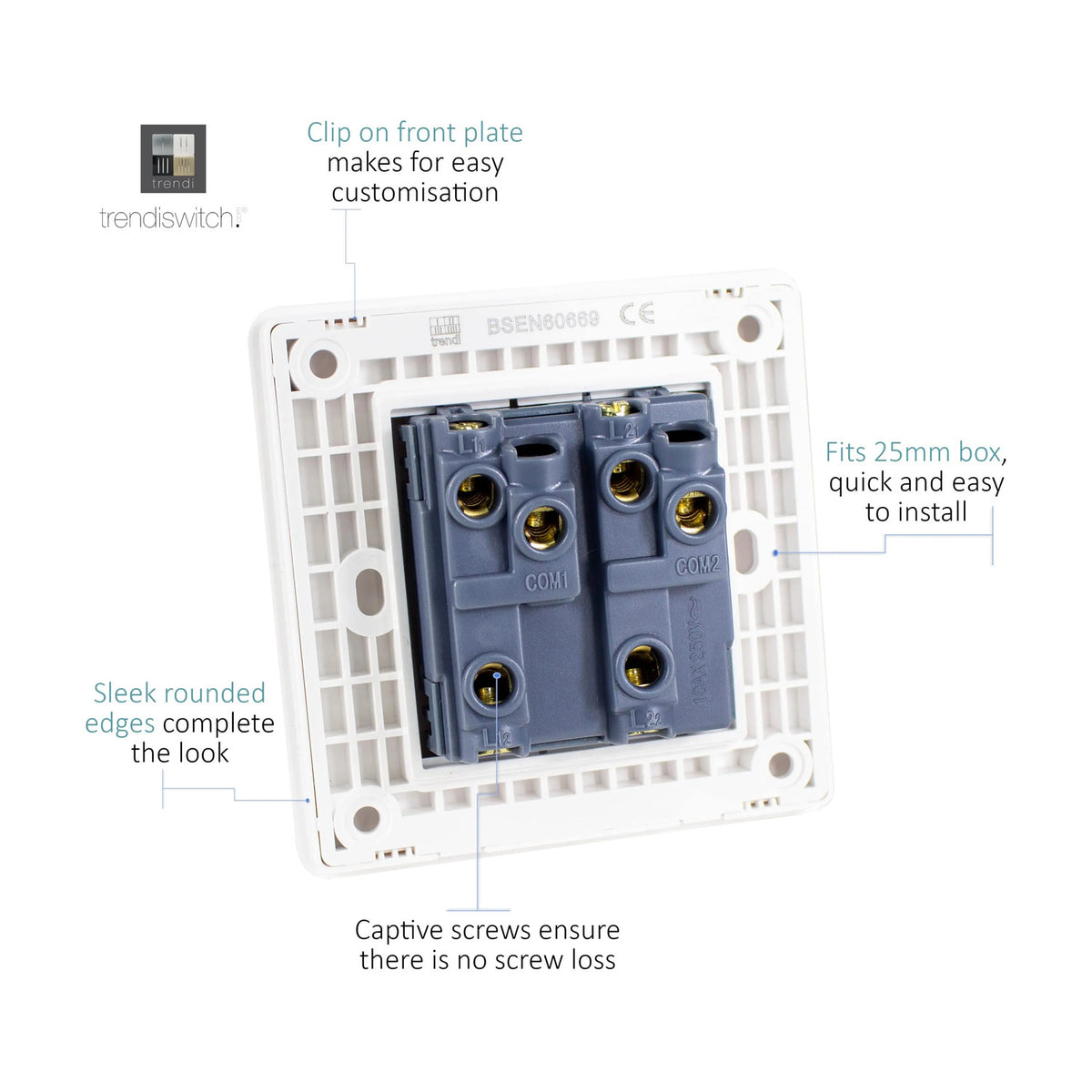 Rear view of the 2 Gang 2 Way Light Switch in Carbon Fibre, showing the white mounting plate with dual COM terminals, captive screws, and screw connections on a plain background.