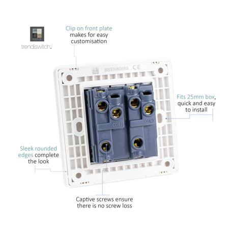 Rear view of the 2 Gang 2 Way Light Switch in Carbon Fibre, showing the white mounting plate with dual COM terminals, captive screws, and screw connections on a plain background.