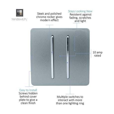 2 Gang 2 Way Light Switch in Cool Grey with polished chrome rockers, screwless flat plate, 10 amp rated, shown with labelled feature callouts on a white background.