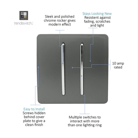 2 Gang 2 Way Light Switch in Charcoal with polished chrome rockers, screwless square plate, 10 amp rated, shown with feature callouts on a white background.