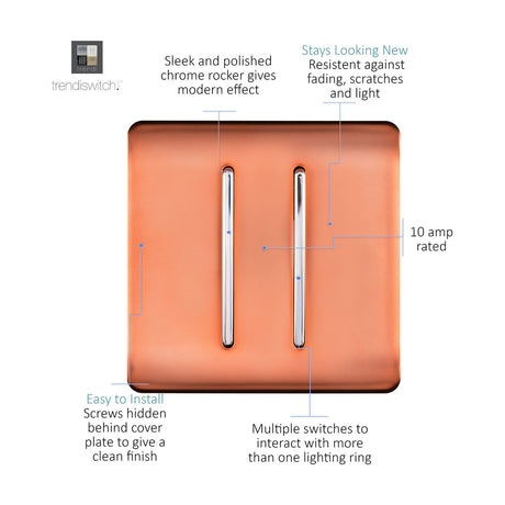2 Gang 2 Way Light Switch in copper with two chrome rocker switches on a screwless square plate, 10 amp rated, shown with feature callouts on a white background.
