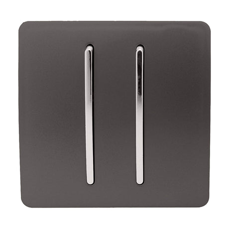 2 Gang 2 Way Light Switch in Dark Brown with screwless flat plate and two chrome-insert rockers, shown on a plain white background.