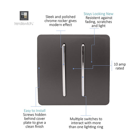 2 Gang 2 Way Light Switch in dark brown with screwless flat plate and chrome rocker inserts, 10 amp rated, shown on a white background.