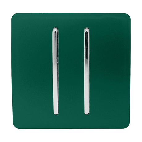 2 Gang 2 Way Light Switch in dark green, screwless square plate with two vertical chrome rocker switches, shown on a plain white background.