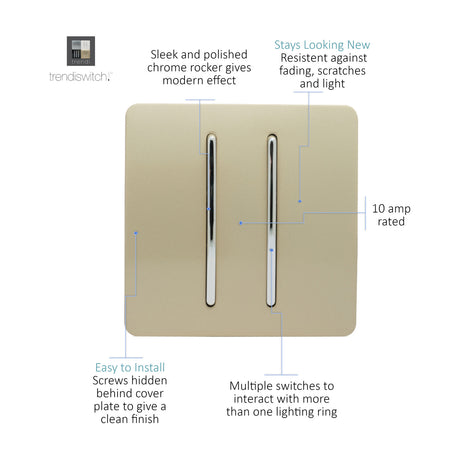 2 Gang 2 Way Light Switch in Champagne Gold with screwless metal plate and chrome rockers, 10A rated, shown on a plain white background.