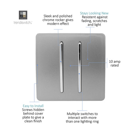 2 Gang 2 Way Light Switch in light grey with two vertical chrome-inserted rockers, screwless flat plate, 10 amp rated, shown on a white background.