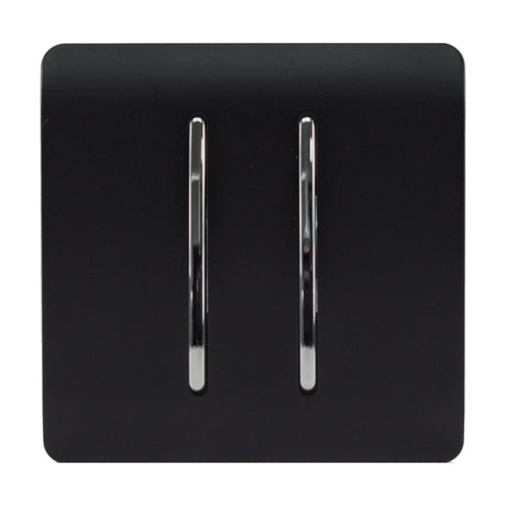 Square screwless matt black 2 gang 2 way light switch with two chrome-trimmed rockers, shown on a plain white background.
