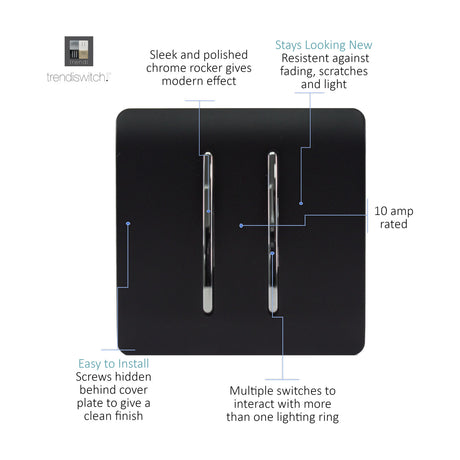 2 Gang 2 Way Light Switch in matt black with chrome rocker inserts, screwless square plate, 10A rated, shown with feature callouts on a white background.