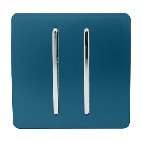 2 Gang 2 Way Light Switch in midnight blue with a screwless square plate and two vertical chrome rocker switches, shown on a plain white background.