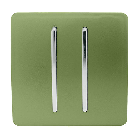 2 Gang 2 Way Light Switch in Moss Green with a screwless square plate and two vertical chrome rocker switches, shown on a plain white background.