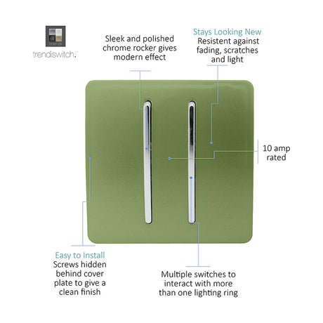 2 Gang 2 Way Light Switch in moss green with a screwless plate and two vertical chrome rockers, rated 10 amp, shown with feature callouts on a white background.