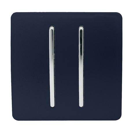 2 Gang 2 Way Light Switch in navy blue with a screwless square plate and two vertical chrome rocker inserts, shown on a plain white background.