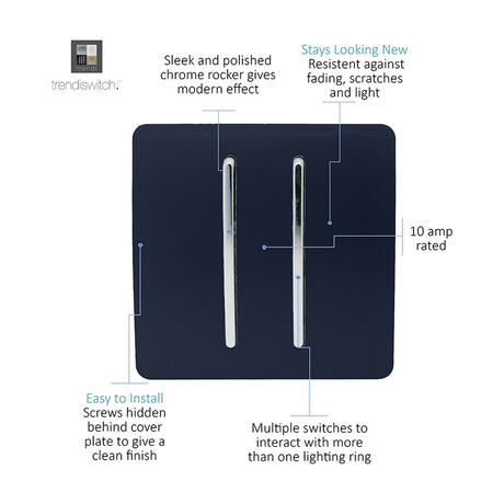 2 Gang 2 Way Light Switch in Navy Blue with chrome rocker inserts and screwless square plate, 10 amp rated, shown with feature callouts on a white background.
