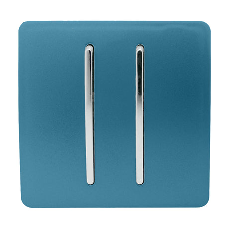 2 Gang 2 Way Light Switch in Ocean Blue with a screwless plate and two vertical chrome rocker switches, shown on a plain white background.