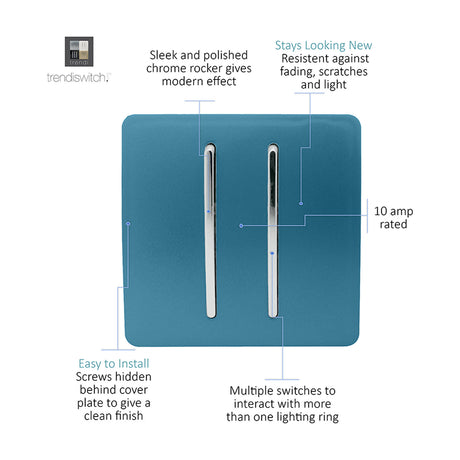 2 Gang 2 Way Light Switch in ocean blue with two chrome rockers, screwless plate, 10 amp rated, shown with feature callouts on a white background.