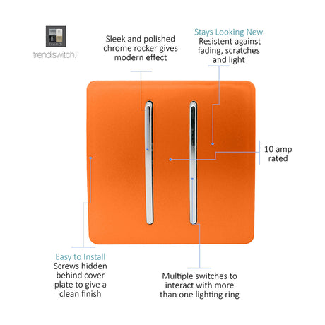 2 Gang 2 Way Light Switch in orange with screwless plate and chrome rockers, 10 amp rated, shown with feature callouts on a white background.