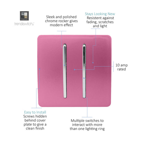 2 Gang 2 Way Light Switch in pink, screwless square plate with two vertical chrome rockers, 10 amp rated, shown with feature callouts on a white background.