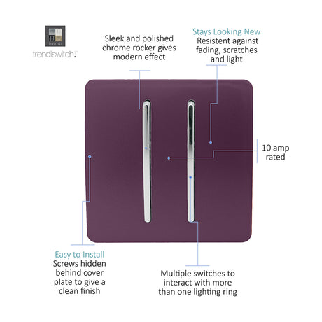 2 Gang 2 Way Light Switch in Plum with a flat screwless plate and two chrome rockers in chrome surrounds, 10 amp rated, shown on a white background.