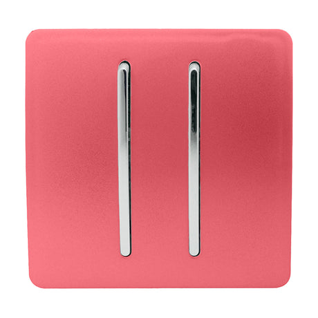 2 Gang 2 Way Light Switch in Strawberry, a square screwless flat plate with two vertical chrome rockers, shown on a plain white background.