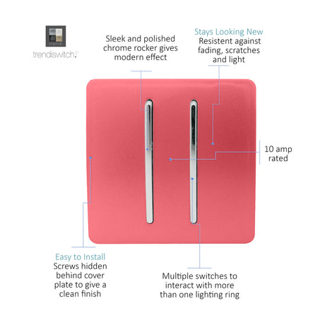 2 Gang 2 Way Light Switch in Strawberry, screwless square plate with two vertical chrome rockers, 10A rated, on a white background.