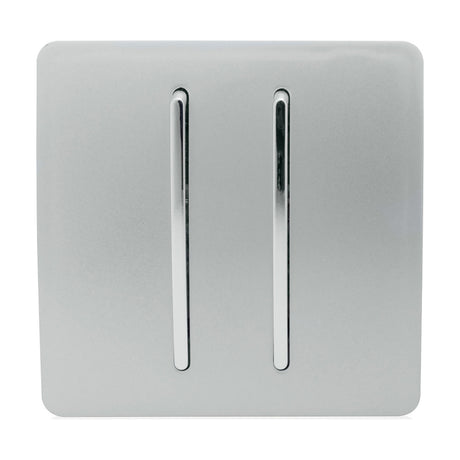 2 Gang 2 Way Light Switch in platinum silver with chrome rocker inserts, screwless flat plate and squared edges, shown on a plain white background.