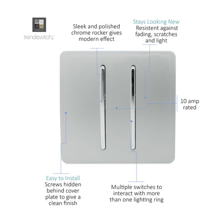 2 Gang 2 Way Light Switch in platinum silver with chrome rocker inserts, screwless flat plate, 10 amp rated, shown with feature callouts on a white background.