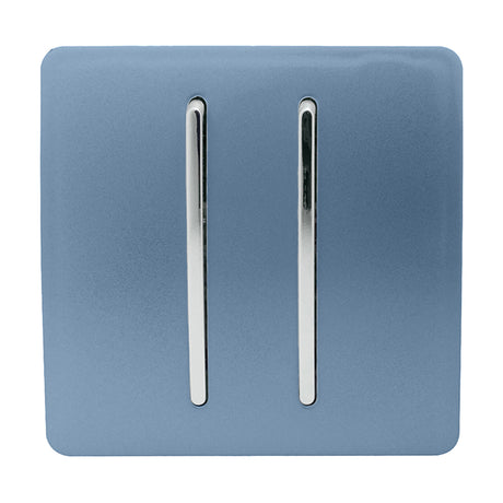 2 Gang 2 Way Light Switch in Sky Blue, screwless flat plate with two vertical chrome rockers, on a plain white background.