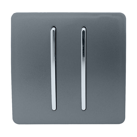 2 Gang 2 Way Light Switch in warm grey with screwless square plate and two vertical rocker switches featuring chrome inserts, shown on a plain white background.