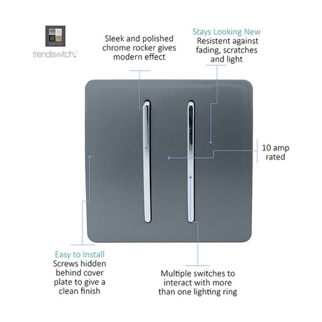 2 Gang 2 Way Light Switch in warm grey with screwless plate and chrome rocker inserts, 10A rated, shown with feature callouts on a white background.