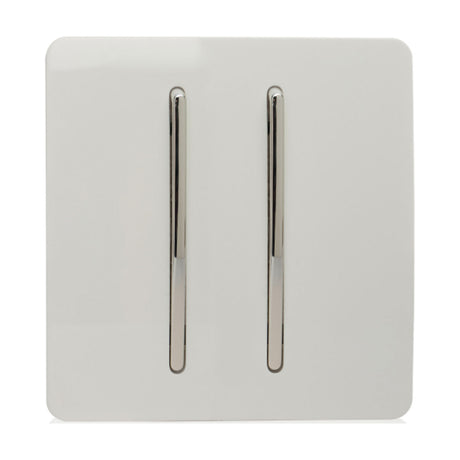 2 Gang 2 Way Light Switch in Ice White, screwless square plate with two vertical chrome rocker switches, shown on a plain white background.