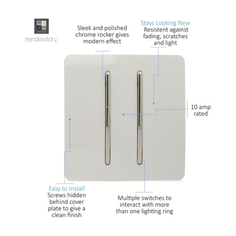 2 Gang 2 Way Light Switch in ice white with screwless square plate and two vertical chrome rocker switches, shown on a plain white background.