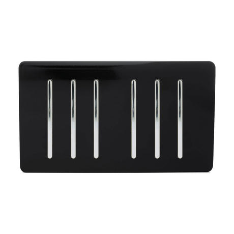 6 Gang Twin 2 Way Light Switch in piano black with six vertical chrome rocker switches on a screwless glossy panel, shown on a plain white background.