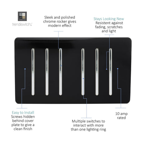 6 Gang Twin 2 Way Light Switch in piano black with six chrome rocker switches on a screwless plate, shown with feature callouts on a white background.