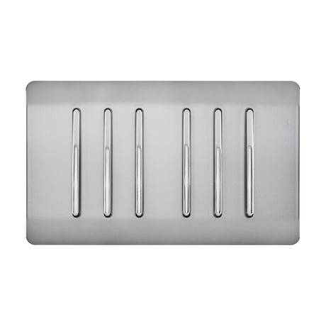 6 Gang Twin 2 Way Light Switch in brushed steel with six chrome rocker switches on a screwless plate, shown on a plain white background.
