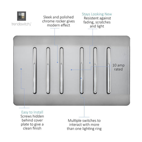 6 Gang Twin 2 Way Light Switch in brushed steel with six chrome rockers on a screwless plate, shown on a white background with labelled features.