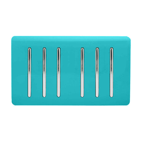 6 Gang Twin 2 Way Light Switch in bright teal with a screwless faceplate, six chrome rocker switches arranged in a row, on a plain white background.