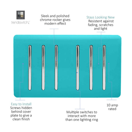 6 Gang Twin 2 Way Light Switch in bright teal with six chrome rocker switches on a screwless faceplate, shown on a white background.