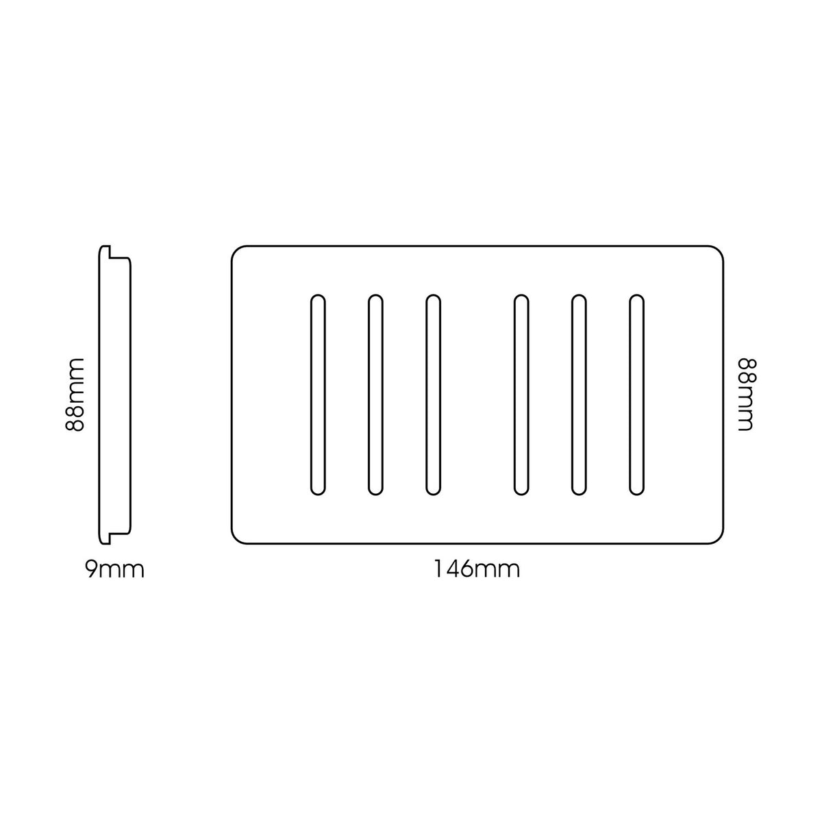 Front and side view line drawing of a 6 gang twin 2 way light switch in carbon fibre finish, screwless rectangular plate, 146mm x 88mm x 9mm, on a white background.