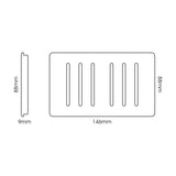 Front and side view line drawing of a 6 gang twin 2 way light switch in carbon fibre finish, screwless rectangular plate, 146mm x 88mm x 9mm, on a white background.