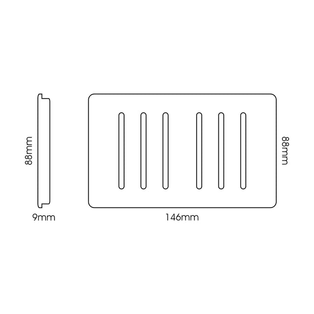 Front and side view line drawing of a 6 gang twin 2 way light switch in carbon fibre finish, screwless rectangular plate, 146mm x 88mm x 9mm, on a white background.
